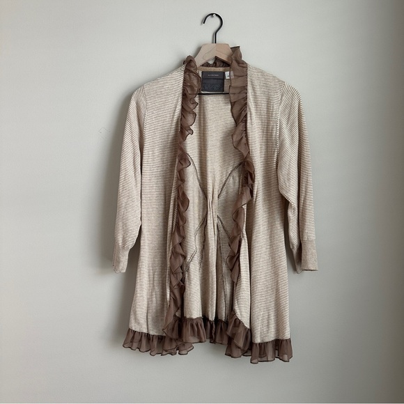 Anthropologie Guinevere Ruffle Trim Cardigan Sweater Women’s XL Beige Stripe - Picture 2 of 5